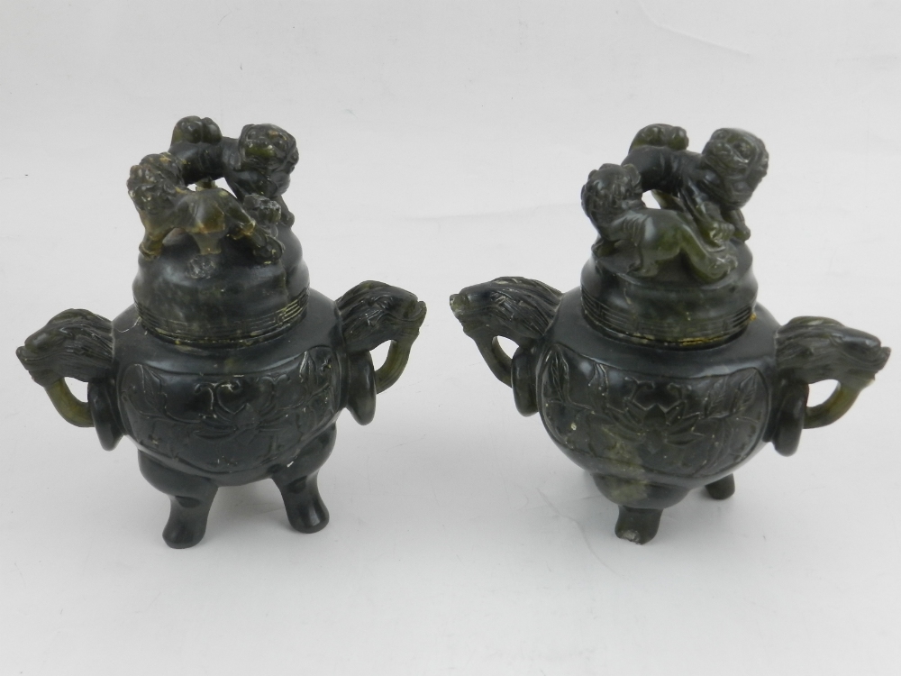 A pair of green hardstone Koros, moulded with dogs of Fo to top, - Image 2 of 2