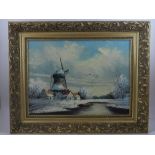 20th century Dutch school, Windmill in Winter Landscape, oil on canvas,