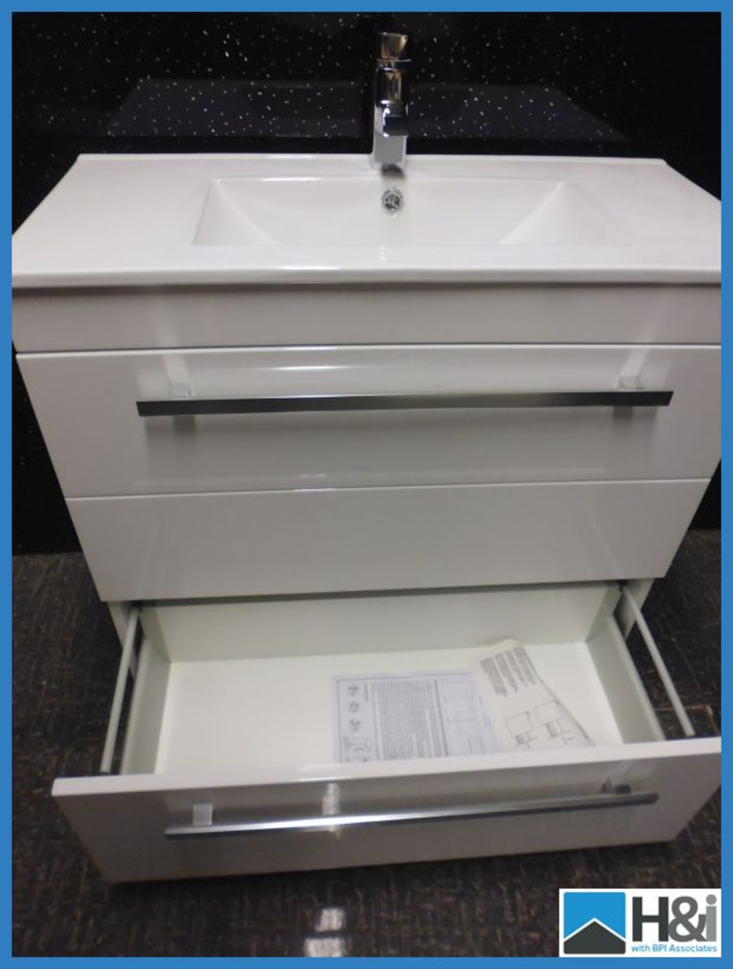 Designer Floor Mounted Minimalist Basin & Cabinet in Gloss White with 2 Soft Close Drawers. Comes - Image 4 of 5
