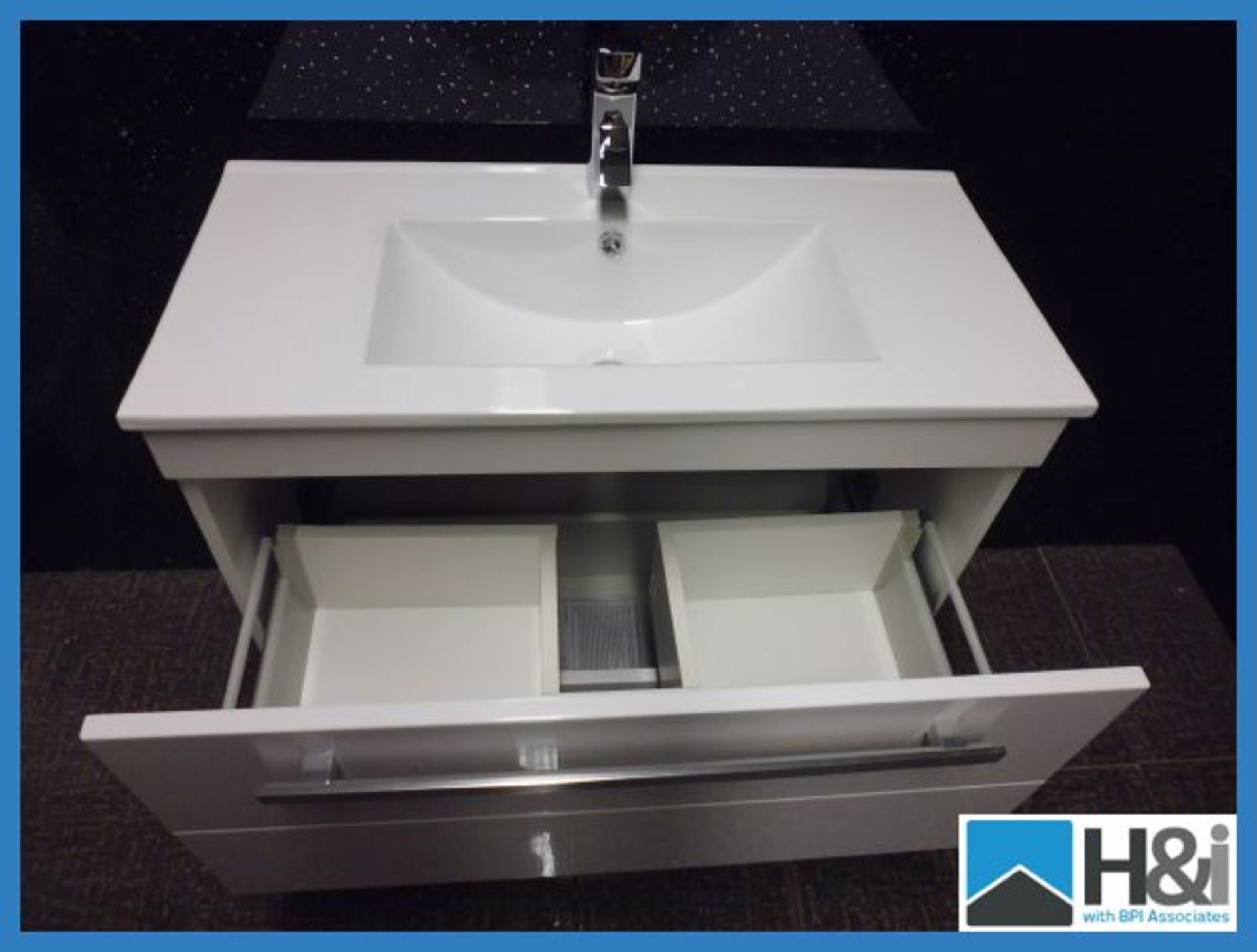 Designer Floor Mounted Minimalist Basin & Cabinet in Gloss White with 2 Soft Close Drawers. Comes - Image 3 of 5