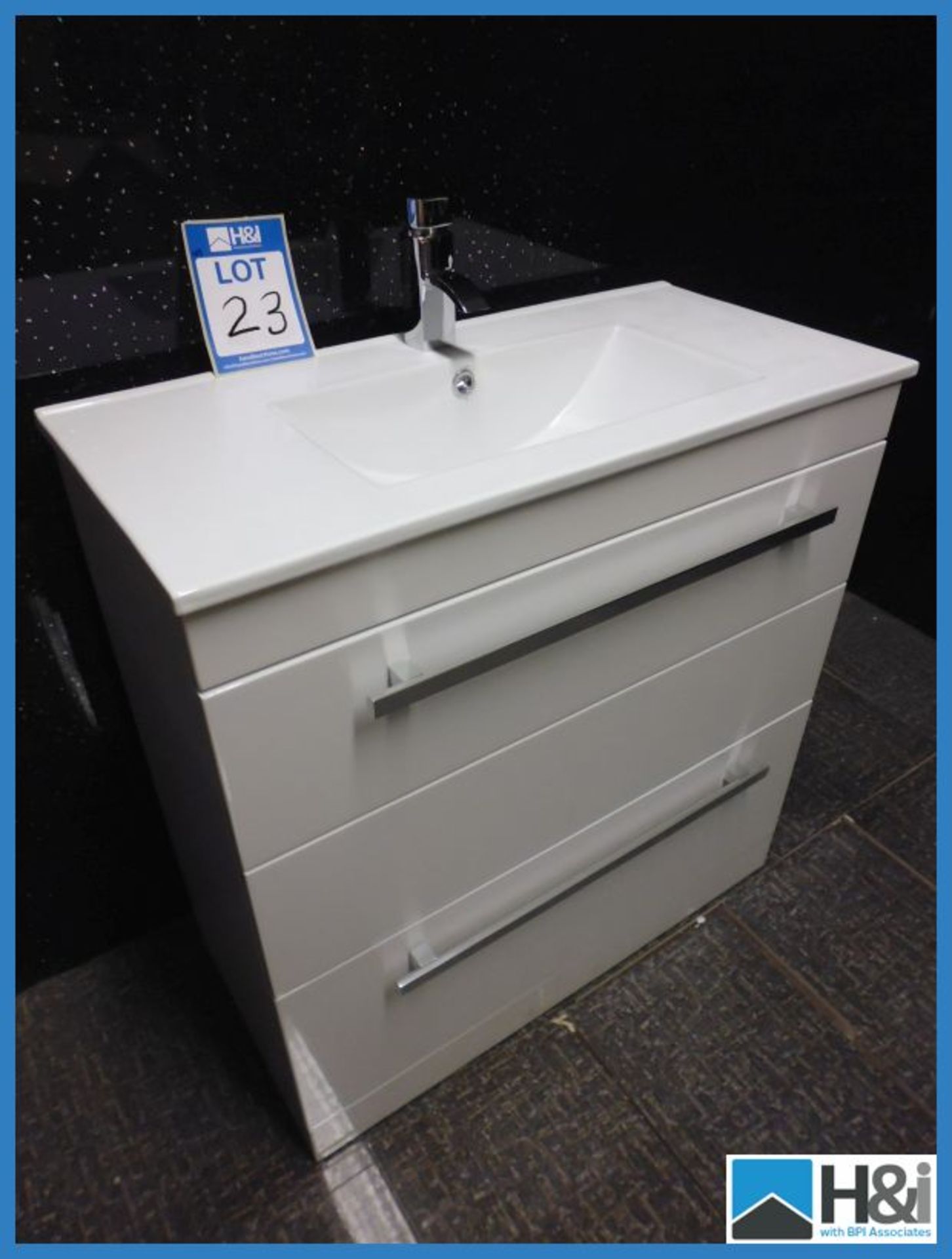 Designer Floor Mounted Minimalist Basin & Cabinet in Gloss White with 2 Soft Close Drawers. Comes
