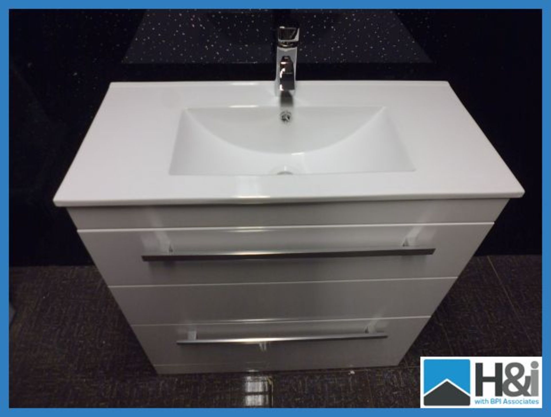 Designer Floor Mounted Minimalist Basin & Cabinet in Gloss White with 2 Soft Close Drawers. Comes - Image 2 of 5