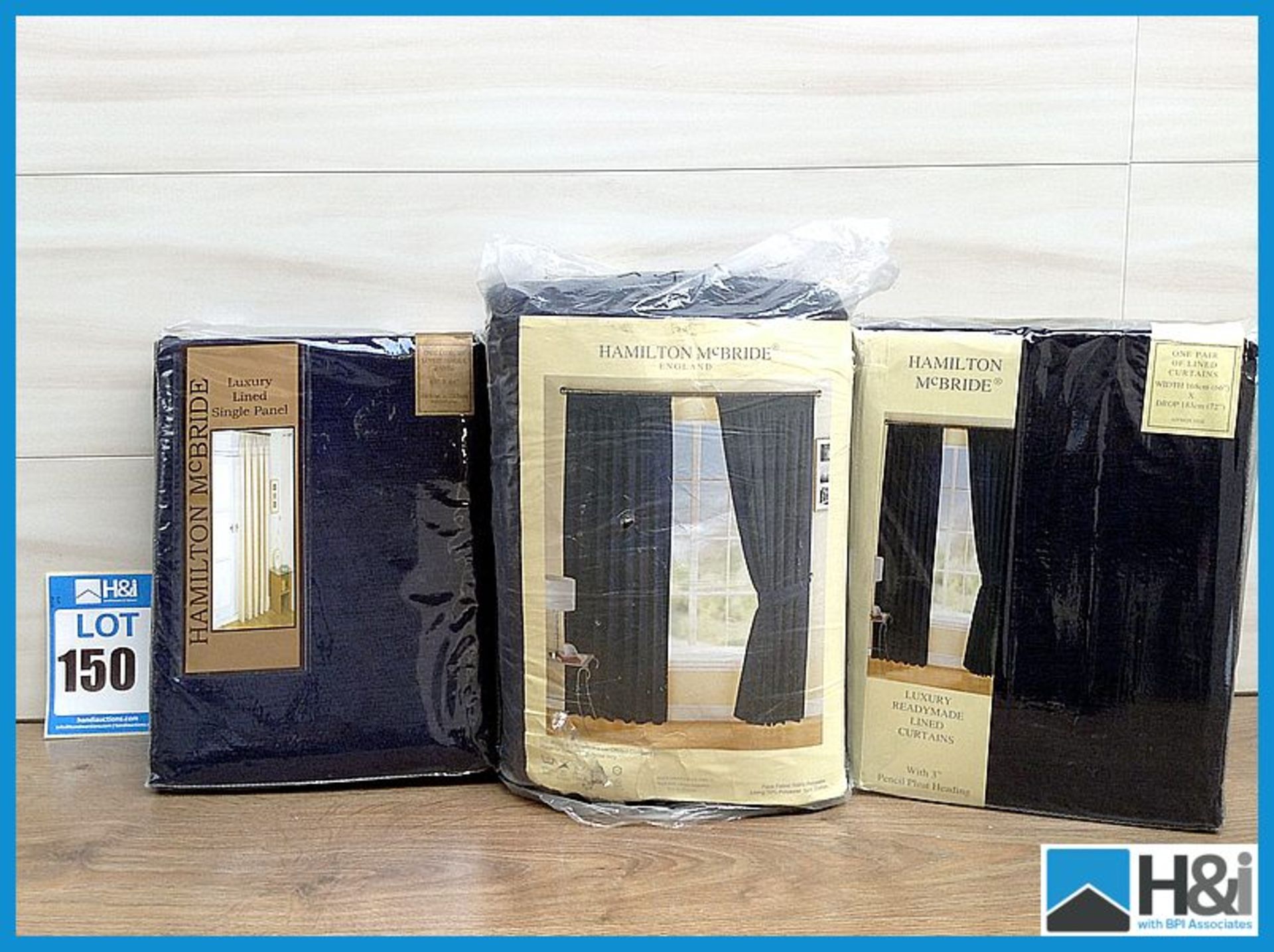 3 qty of curtains which include Hamilton McBride luxury made lined in Royal 1 pair 65 x 84cm, 1 pair