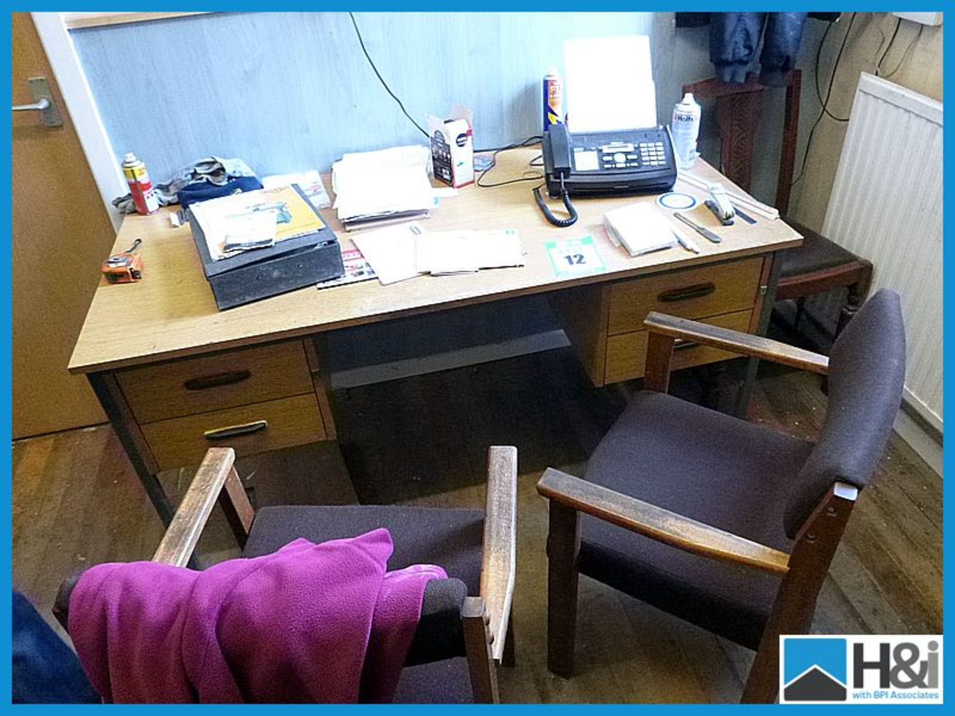 Office desk and three chairs- excludes contents Appraisal: Good Serial No: NA Location: Jack Madeley
