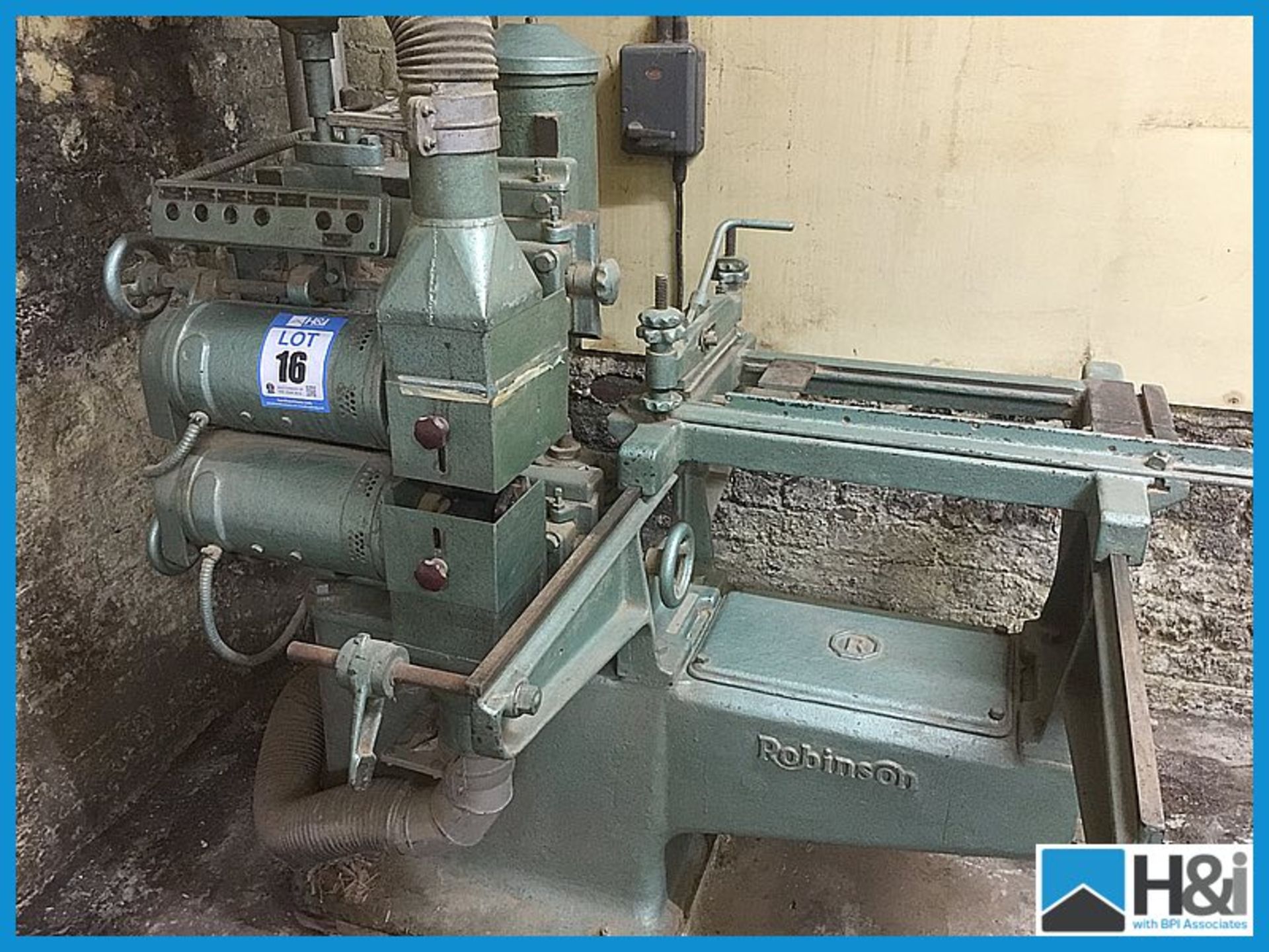 Robinson 4 head tenoning machine. Compact size. 3 phase. Requires partial dismantling by buyer,