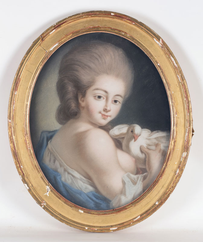 Ecole suisse du XVIIIe s. Femme à la colombe pastel ovale sur papier 39x31 cm (à vue)