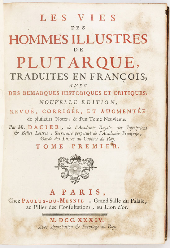 PLUTARQUE. Vies des hommes illustres. Paris Paulus-Du-Mesnil 1734. 9 vol. in-4° veau blond marbré - Image 2 of 3