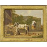 ?Johann Jakob Biedermann (1763-1830) Cour de ferme avec attelage animaux et paysans huile sur