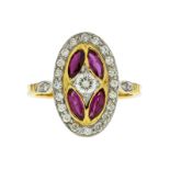 Bague 2 ors 750 sertie de rubis taille navette et diamants doigt 53-13