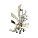 Broche gerbe en or 750 sertie de rubis diamants et saphirs long. 4 cm 7g