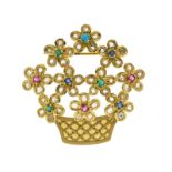 Broche panier de fleurs en or 750 sertie de diamants taille rose rubis saphirs taille rond et