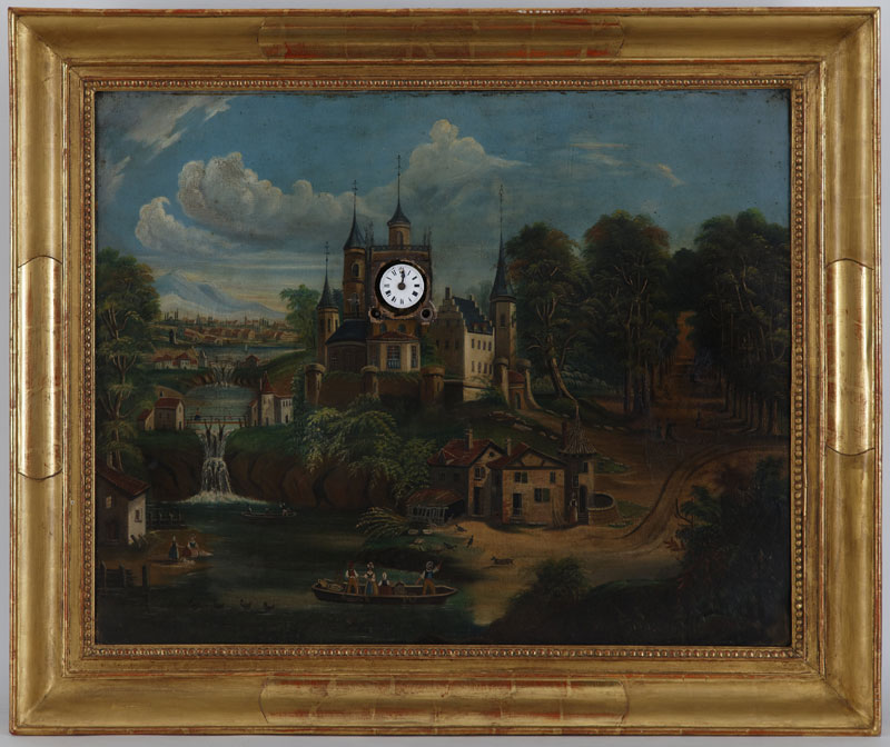 Ecole suisse (XIXe s.) Paysage animé avec clocher tableau horloge huile sur toile avec boîtier