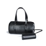 ?Louis Vuitton sac Soufflot avec sa trousse en cuir épi noir kourkil double poignée housse 17x30