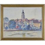 ?Alexandre Benois di Stetto (1896-1979) Village suisse au bord d'un fleuve huile sur toile marouflée