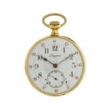 ?Longines montre de poche en or 750 mécanique cadran émaillé blanc chiffres arabes noirs et rouges