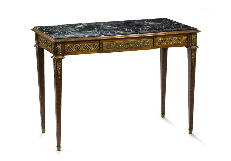 Table de milieu de style Louis XVI fin XIXe s. en bois de placage ceinture ouvrant par un tiroir