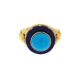 Bague en or 750 sertie de lapis lazuli et diamants rehaussés d'un cabochon de turquoise doigt 55-