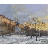 ?Roger Delapierre (1935) "Place Neuve sous la neige Genève" huile sur toile signée titrée au verso