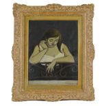 Emile-François Chambon (1905-1993) Jeune fille au balcon huile sur carton signée et datée (19)52