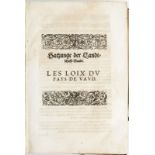 Les loyx et statuts du pays de Vaud. 1616. In-4° relié plein parchemin avec une page manuscrite d'