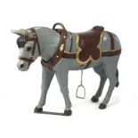 Petit cheval de manège	 début XXe s.	&nbsp	en bois laqué gris	 tête mobile	 harnachement sculpté