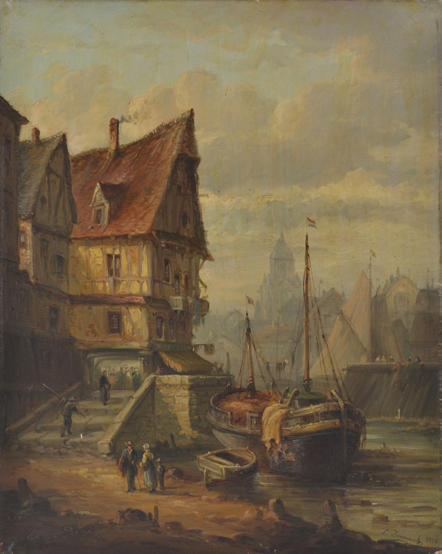 Louis Paul Pierre Dumont (1822-?)	&nbsp	Scène de ville portuaire du Nord	 huile sur toile	 signée et
