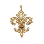 Pendentif-broche fleur de lys en or 750 serti de diamants taille rose sur une chaîne en or 750 à