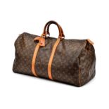 Louis Vuitton	 sac Keepall 55 en toile enduite monogrammée et cuir naturel	 30x55x25 cm