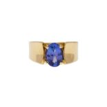 Bague en or 585 sertie d'une tanzanize taille ovale (env. 1 ct)	 doigt 49-9