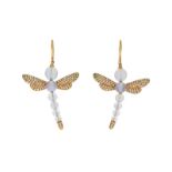 Paire de pendants d'oreilles libellules&nbsp	en or rose 585	 billes de calcédoine et diamants	 long.