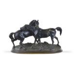 Pierre-Jules Mène (1810-1879)	 Chevaux arabes	 l'accolade	 bronze à patine noire nuancée	 signé