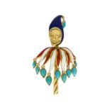 Cartier	 broche-pendentif fou du roi en or 750 émaillée rouge	 bleu et blanc	 sertie de turquoises