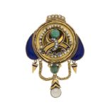 Broche&nbsp	XIXe s. en or 750 émaillée bleue sertie de perles non testées et émeraudes cabochon	 16g