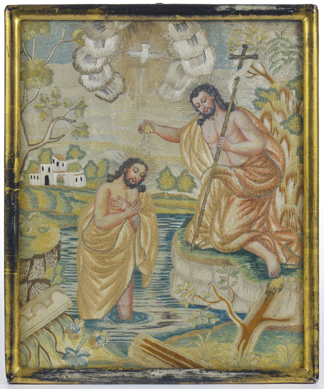 Le Baptême du Christ	 broderie et peinture sur soie	 XIXe s	 représentant Saint-Jean Baptiste