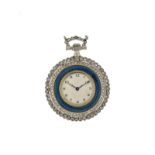 Pendentif montre de poche en platine émaillée bleu &nbsp,translucide sertie de diamantsFin XIXe s.&