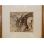 F Brangwyn.  Two black and white engravings entitled 'The Storm' and 'Alcantara Bridge Toledo',