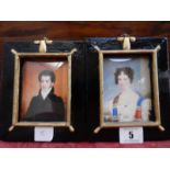 A pair of 19th Century painted miniatures - Lady and gentleman in period dress, framed