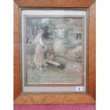 H.H Sands.  A watercolour - Young girl watering plants, a watercolour of figures merrymaking on a