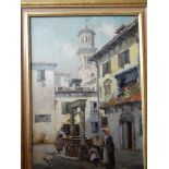 T. Greenhalgh.  A signed oil on canvas - Continental street scene with figures, framed