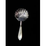 A George IV silver caddy spoon with shell pattern bowl and mother of pearl handle - Birmingham 1827
