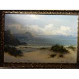 William Langley.  A signed oil on canvas - Beach scene with sand dunes, seagulls in flight and boats