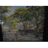 Russian Impressionist School signed Sofronoff.  Street scene with figures and buildings possibly
