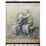 A signed lithograph after Henry Moore depicting two ladies, one brushing her hair, mounted, framed