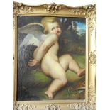 An unsigned oil on board - Winged cherub with hands bound behind back, within a wooded setting, in a