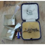 Boxed 9ct Gold and Seed Pearl Brooch and Mother of Pearl Salts etc