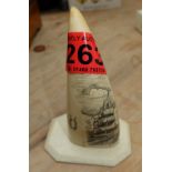 Vintage Scrimshaw Whale Tooth on Stand 5" tall