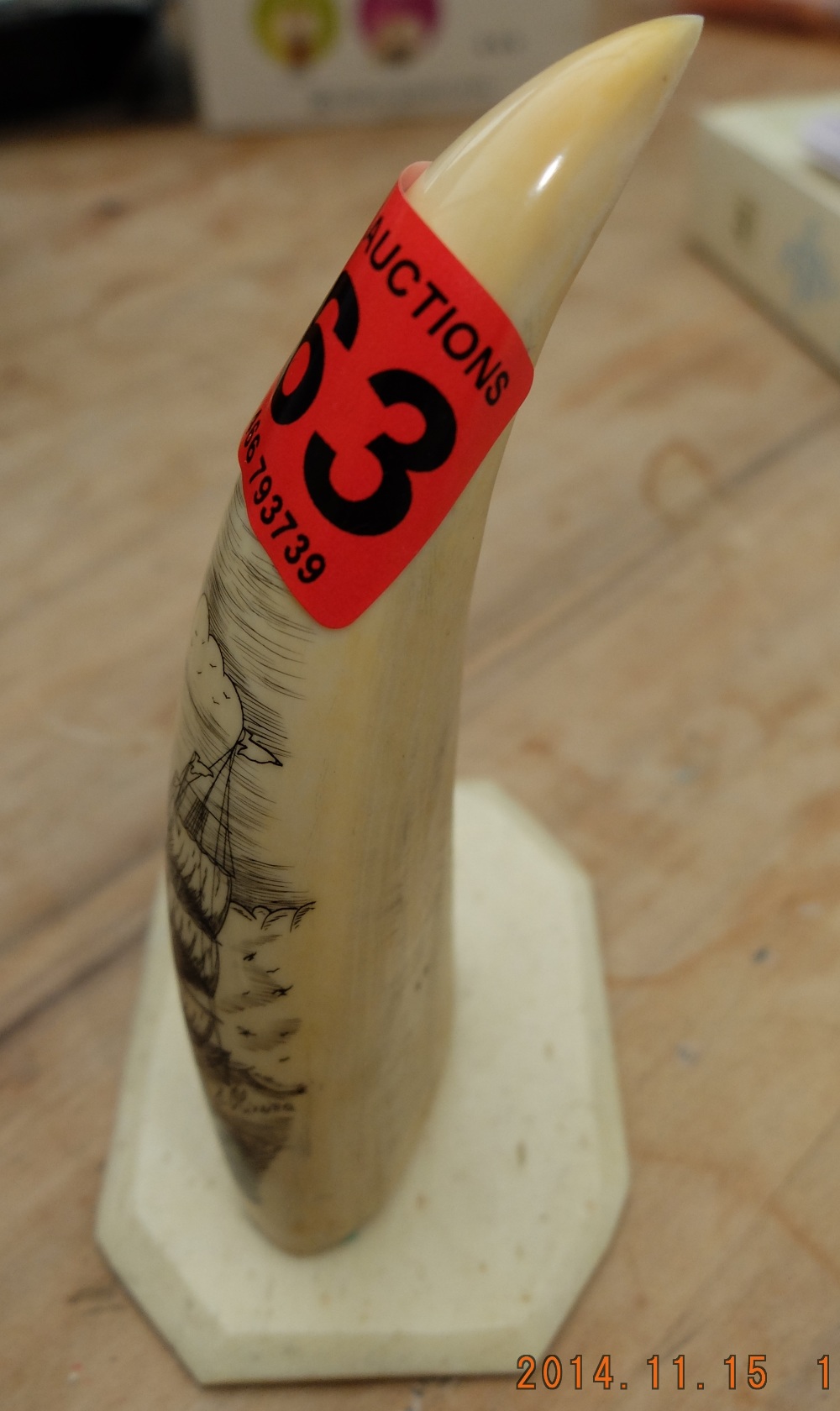 Vintage Scrimshaw Whale Tooth on Stand 5" tall - Image 2 of 2