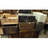 Ten assorted metal and wooden boxes