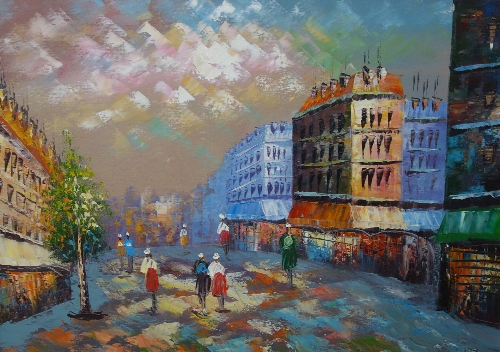 A Paris street scene, oil on canvas, framed