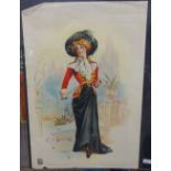 A coloured lithograph, Victorian lady, printed by Stafford & Co. Ltd., Netherfield, 51x76cm, print